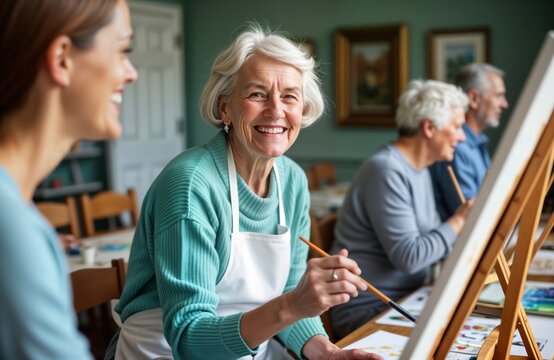 Senior women enjoy art class in studio. Happy artists paint with friends. Creative activity for retired people. Indoor lesson. Relaxing hobby. Learning painting techniques. Using canvas, brushes,