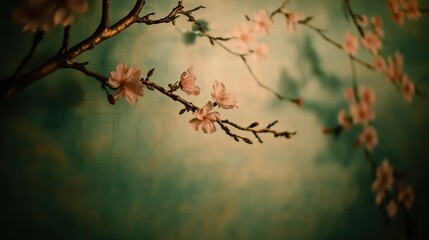 Pink cherry blossoms on a branch against a teal background.