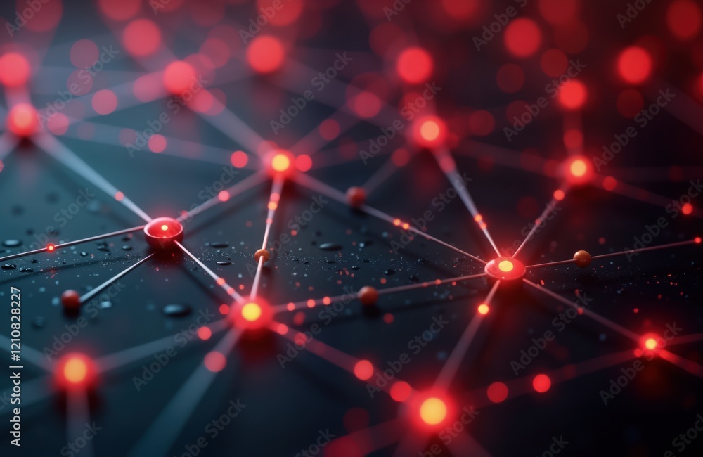 Poster abstract digital network glowing red nodes, lines. futuristic tech structure. interconnected nodes. 