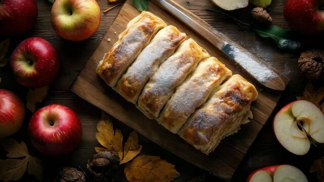 Freshly baked apple pastry with flour among autumn leaves and red apples