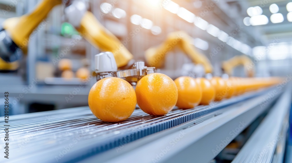 Poster automated orange sorting on conveyor belt in factory