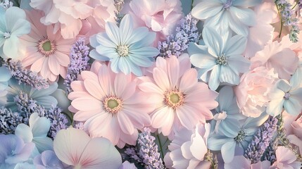 Fototapeta premium Soft pastel floral arrangement with hydrangeas, lavender, and delicate daisies