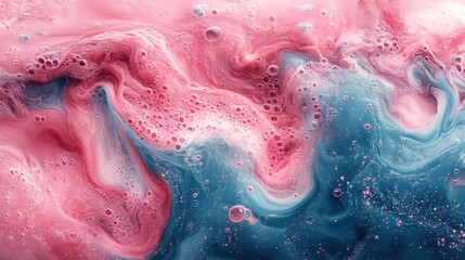 Fototapeta premium Abstract swirling patterns in pink and blue with bubbles and fluid textures.