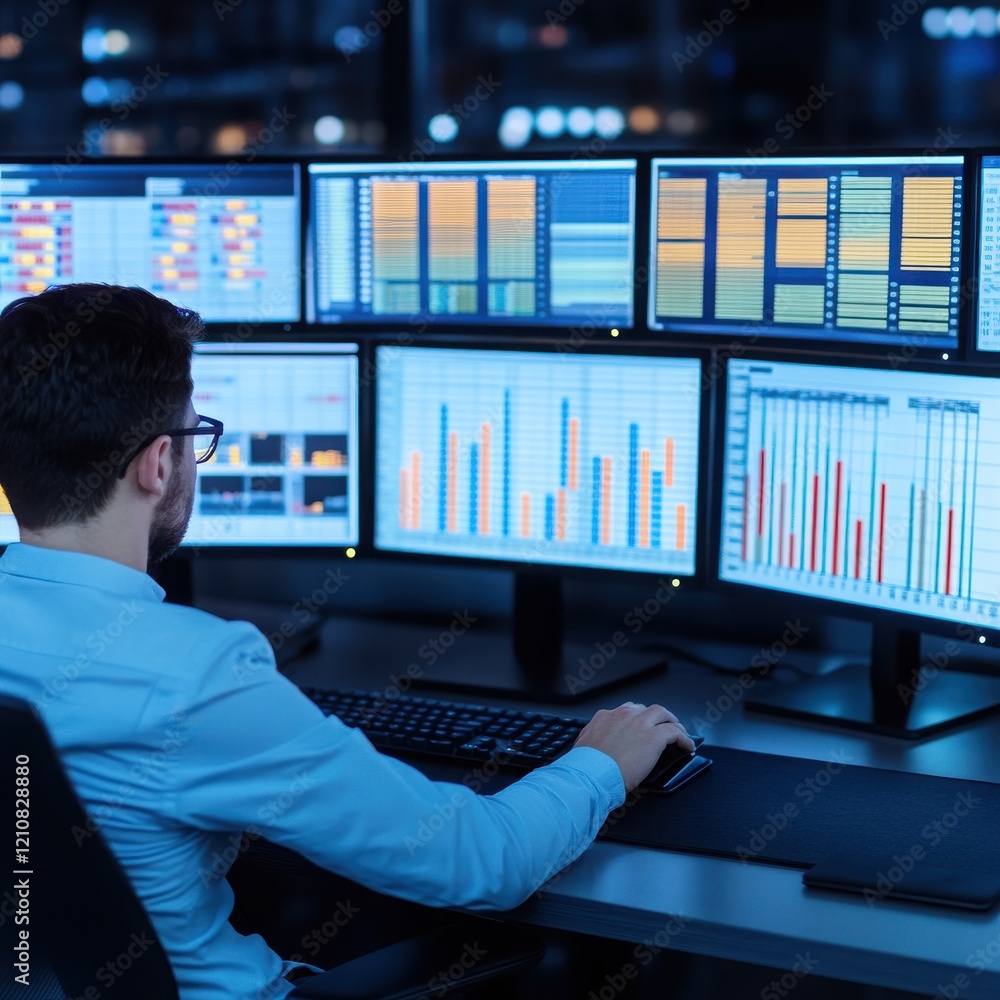 Poster a focused professional analyzing data on multiple screens in a modern office environment during nigh