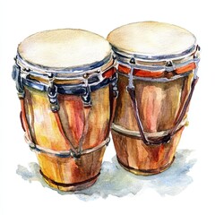 This artwork features watercolor bongos highlighting the detailed texture and craftsmanship, set against a crisp white background, celebrating vibrant musical culture
