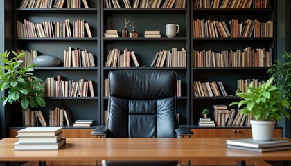 Organized office workspace. Elegant dark wooden desk with black leather chair. Bookshelves filled with books, binders. Clean, tidy setup suitable for video calls. Perfect pro zoom background. Modern,