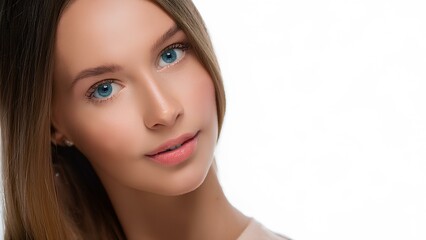 Fototapeta premium A beautiful young woman looks at you calmly from a half-turn, her bright eyes drawing you in. This close-up captures her captivating features, exuding confidence and elegance.
