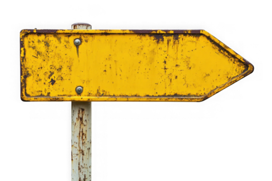 Rusty yellow road sign arrow pointing left isolated on transparent or white background, png 