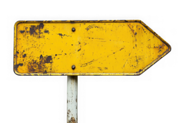 Rusty yellow road sign arrow pointing left isolated on transparent or white background, png 