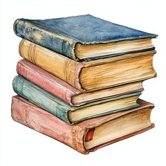 A watercolor stack of vintage books showcases intricate textures and colors against a white backdrop, evoking nostalgia and charm