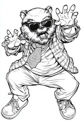 Fototapeta premium A cartoonish raccoon character in sunglasses, a checkered shirt, and a tie, striking a playful pose.