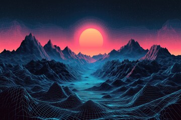 3D grid lidar landscape with cyan blue lines on a dark background