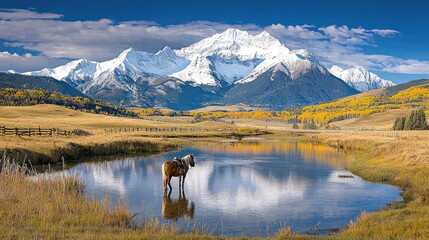 Horse by autumn lake, snow-capped mountains, Colorado landscape