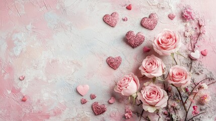 Valentine's Day greeting card with roses and heart decorations, soft pastel background, high detail, warm and romantic, elegant and festive atmosphere