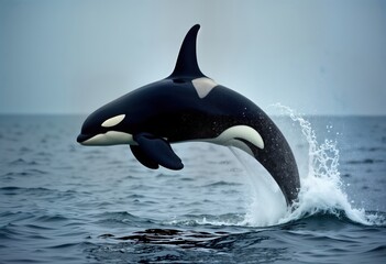 Obraz premium Killer whale leaping out of ocean water. Powerful marine mammal shows incredible athleticism in high jump. Whale black, white pattern stands out against dark blue water surface. Dramatic action shot