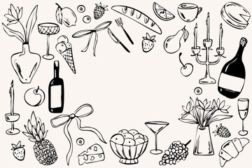 Hand drawn dinner vector frame with food drinks candles and flowers in line art whimsical style. Decorative elements in monochrome colors. Perfect for invitation, menu, greeting card, posters, prints