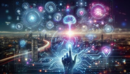 A futuristic setting representing the harmony between humans and machines. A hand interacting with a digital interface, surrounded by floating complex algorithms, data streams