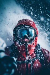Mountaineer facing intense snowstorm in red jacket