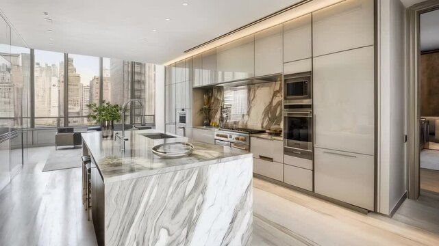 Modern kitchen panorama with marble island and city view windows