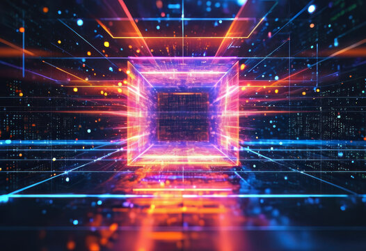 Led Light. Abstract effect. Future tech. Glare cubes. Digital cpu signal. .Shine grid. Modern big data. Neon flare. Quantum computer net system. .Magic code. Grid HUD lines. Web device. Blocks system - Powered by Adobe