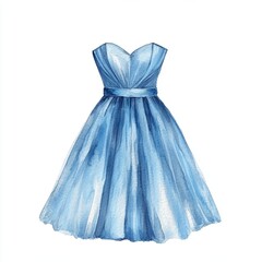 A delicate watercolor  of a bridesmaid dress showcases soft blue hues and intricate texture details, perfect for wedding celebrations