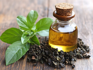 Tea Tree Oil Bottle with Fresh Green Leaves