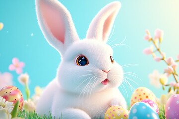 Cute white rabbit is laying in a field of Easter eggs