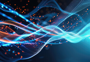 A futuristic background with glowing light blue and green lines, particles of data flowing in the air, creating a sense of motion and energy. The lines intertwine and overlap, forming intricate patter