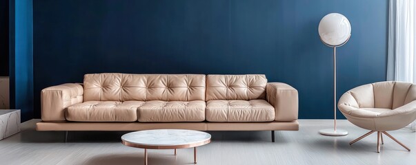 A minimalist yet warm living room design with a beige leather sofa and an oversized armchair against a midnight blue wall