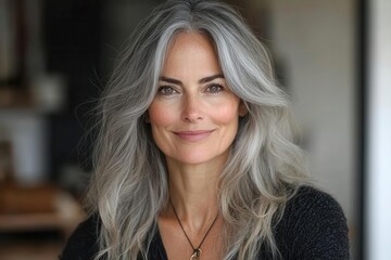Fototapeta premium closeup portrait of an elegant woman in her 50s showcasing luxurious gray hair and a radiant smile embodying the essence of healthy beauty and selfconfidence