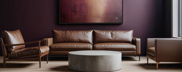 A minimalist-styled living room featuring an espresso leather sofa and a taupe armchair against a dark plum wall