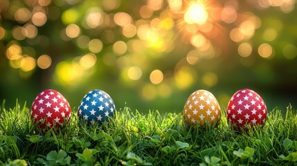 Colorful Easter eggs displayed on fresh grass during a sunny afternoon in a vibrant garden setting