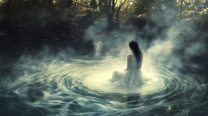 Fototapeta premium Whispers of smoke dance around a serene forest pool, water, mystical. Whispering Woods. Illustration