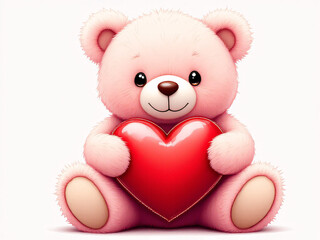Obraz premium Pink teddy bear holding a red heart on a pink background.