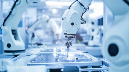 An advanced robotics workshop with sophisticated robotic arms and precision tools, clean and organized workspace with high-tech machinery, Engineering style