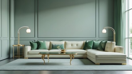 Elegant living room with a sectional sofa, coffee table, and floor lamps. Soft, muted green color palette creates a serene atmosphere.