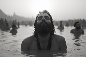 Depiction of Mahakumbh Mela or Kumbh Mela, a Hindu pilgrimage and river bathing festival in India. Black and white image of a man bathing in holy water.