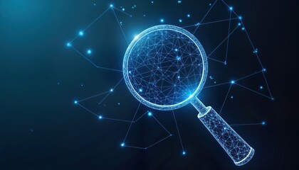 Futuristic magnifying glass icon in low poly wireframe style. Modern tech symbol for web search, analysis. Abstract digital design. Network concept. Geometric illustration for digital themes.