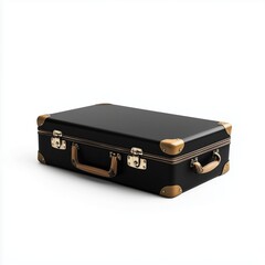 Vintage-style black suitcase with tan accents, isolated on white background. Perfect for travel, adventure, or retro themes.