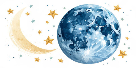 Naklejka premium Watercolor Full Moon With Golden Stars On White Background, Ideal For Astronomy Events And Lunar-Themed Designs, Suitable For Educational Content And Celestial-Inspired Art.