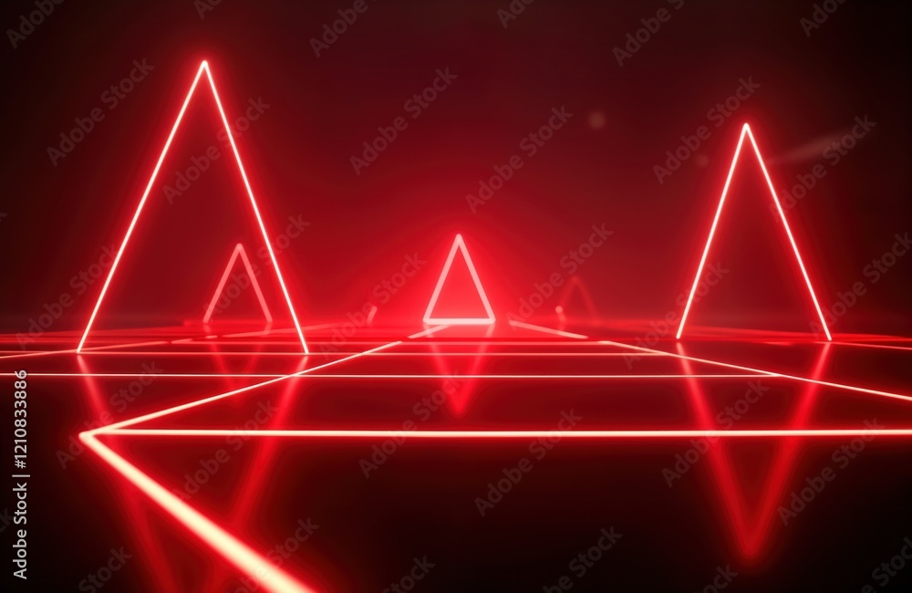 Poster vibrant red neon laser lights create abstract patterns and shapes in dark space. geometric lines and