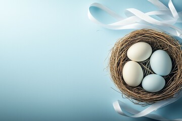Nest of eggs with a white ribbon around it