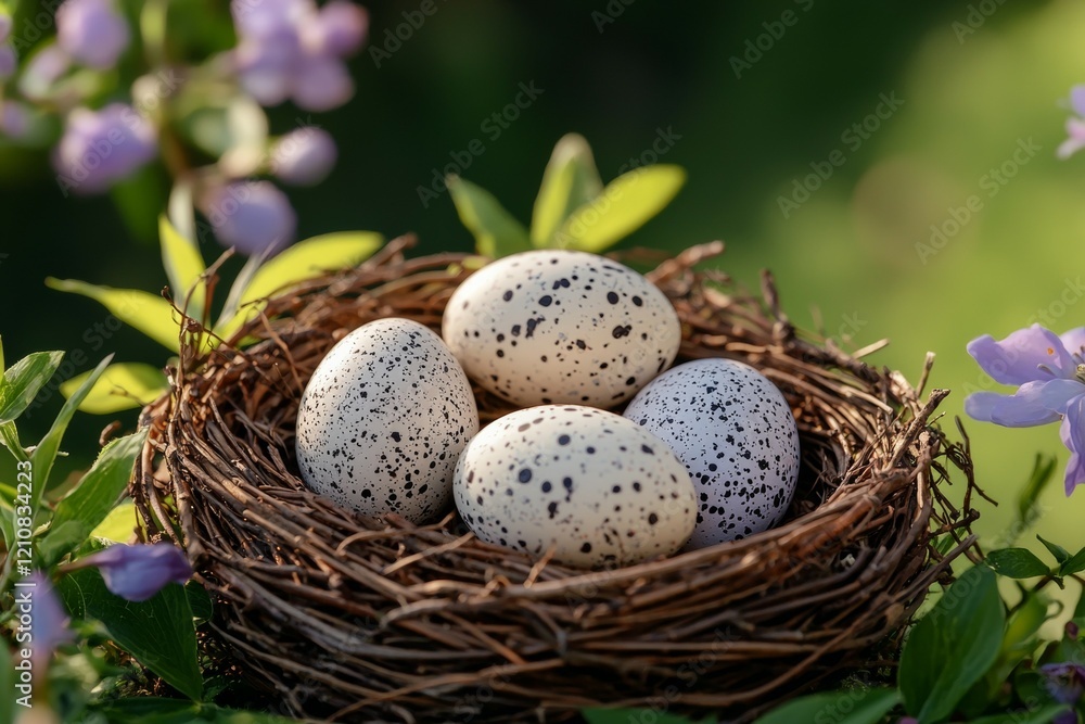 Poster nest of four eggs sits on a branch of a tree