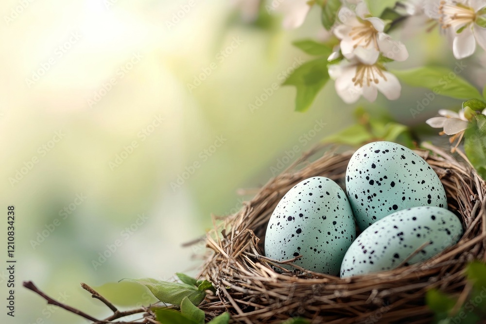 Poster nest of three eggs sits on a branch of a tree