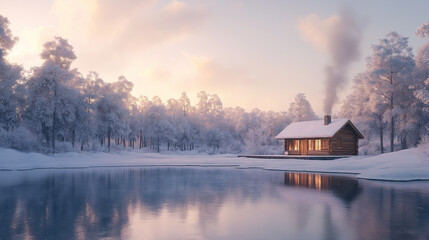Fototapeta premium Idyllische Winterlandschaft mit Hütte am gefrorenen See