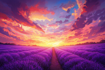 Fototapeta premium Lavendelfeld bei Sonnenuntergang mit strahlenden Farben