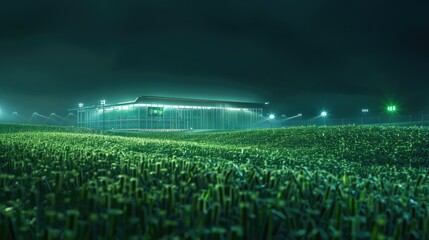 Modern lawn, evening stadium, bright lights, zoom out, sports advertising background, football field