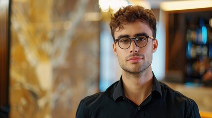 Confident male receptionist in glasses looking at camera and standing at lobby table
