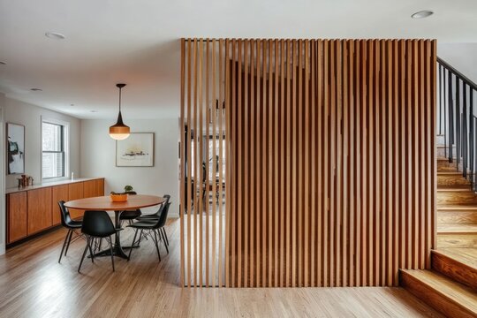 Modern home dining room with wood slat partition, stairs, and kitchen view