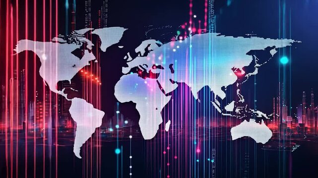 Digital world map with colorful data visualization and glowing cityscape background for slow motion video-effects